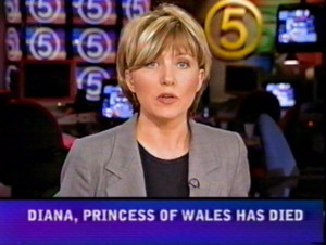 Kirsty Young in the Channel 5 News studio. The caption reads "Diana, Princess of Wales has died".