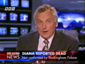 BBC caption: "Diana reported dead, not confirmed by Buckingham Palace".