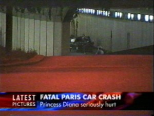 Still from BBC World News. The caption reads "Fatal Paris car crash, Princess Diana seriously hurt".
