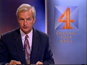 Jon Snow presenting a news bulletin from the Channel 4 News studio.